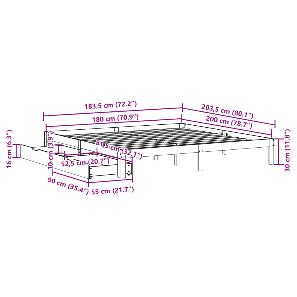 sengeramme med skuffer 180x200 cm massivt fyrretræ gyldenbrun