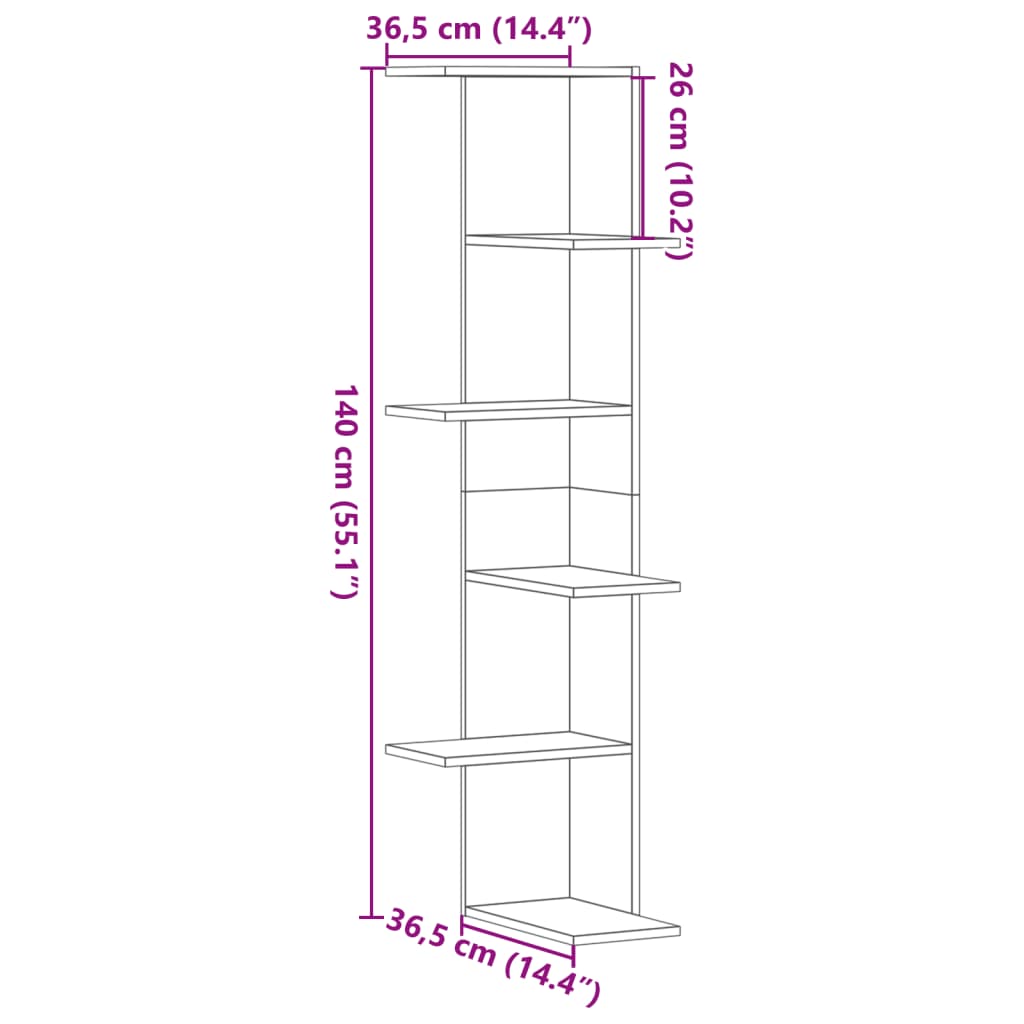 væghængt hjørnehylde 36,5x36,5x140 cm konstrueret træ hvid