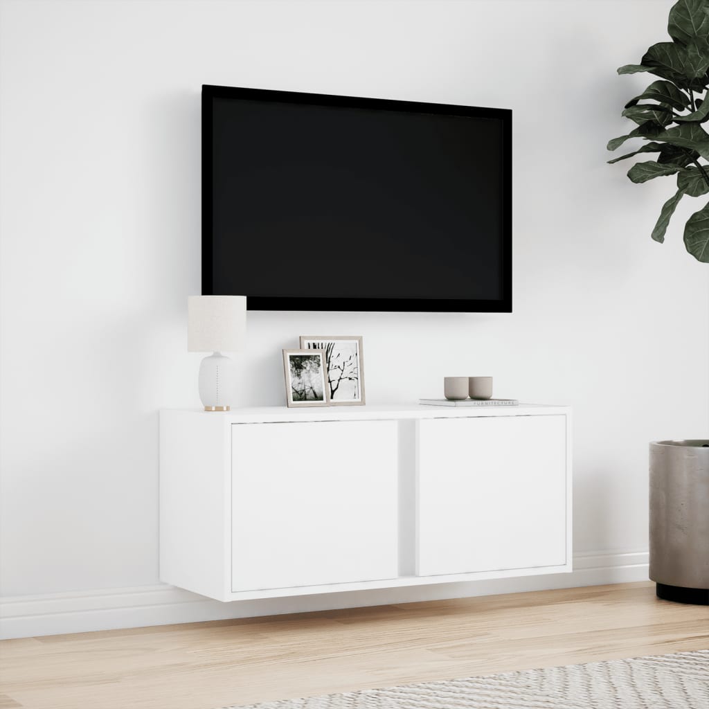 væghængt tv-bord med LED-lys 80x31x35 cm hvid