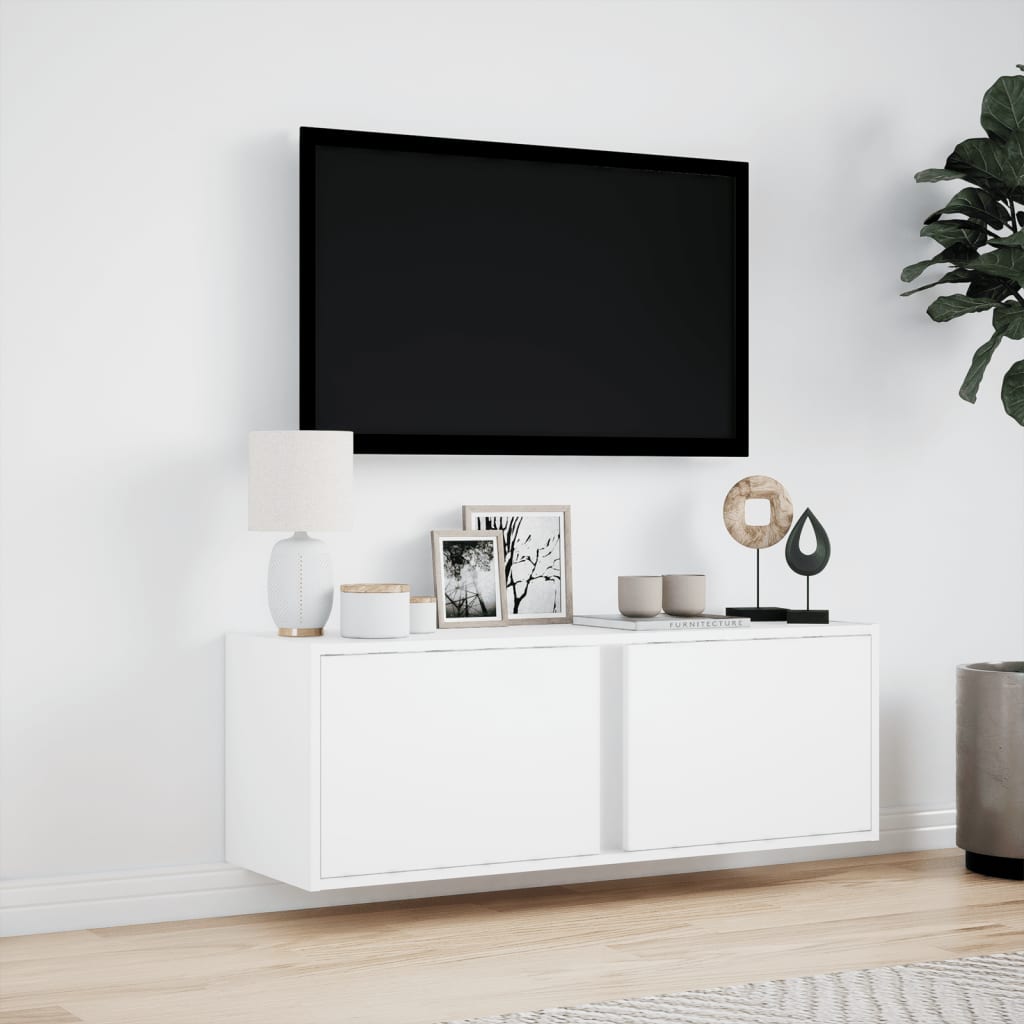 væghængt tv-bord med LED-lys 100x31x35 cm hvid