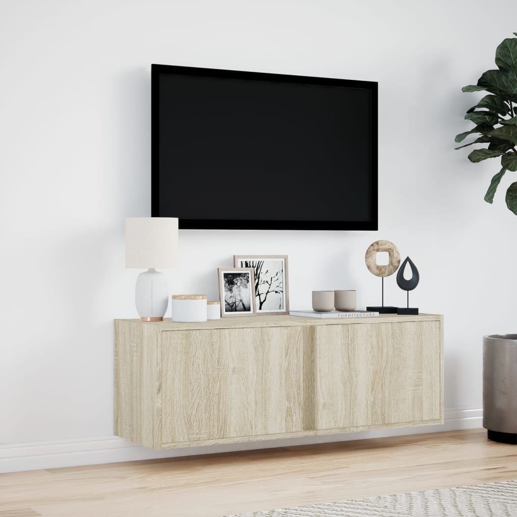 væghængt tv-bord med LED-lys 100x31x35 cm sonoma-eg