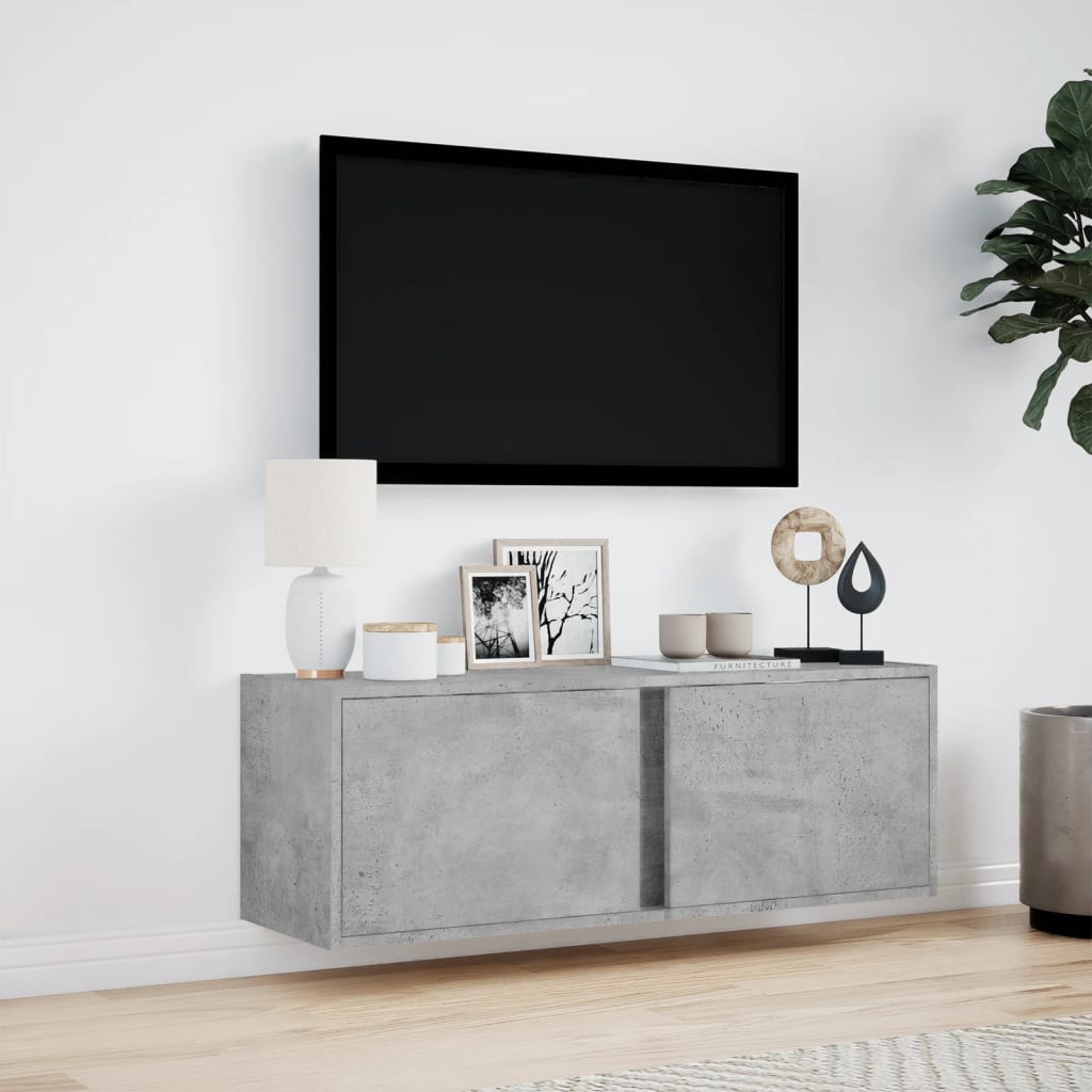 væghængt tv-bord med LED-lys 100x31x35 cm betongrå