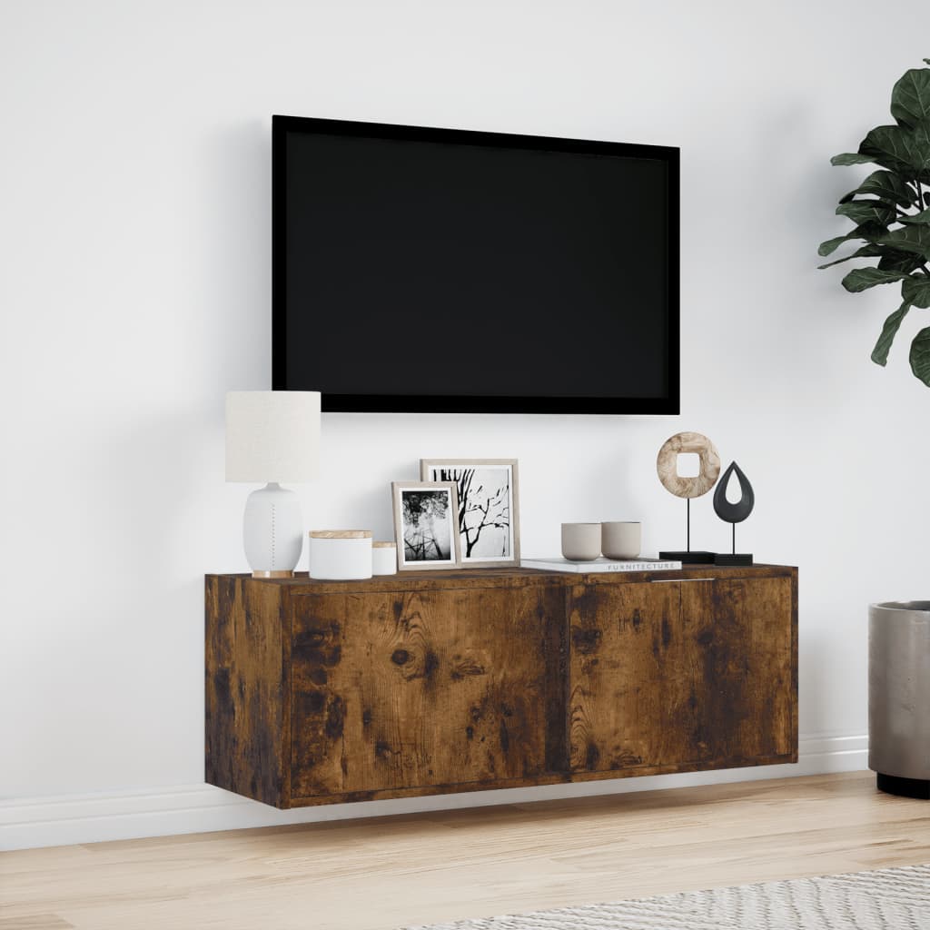 væghængt tv-bord med LED-lys 100x31x35 cm røget egetræsfarve