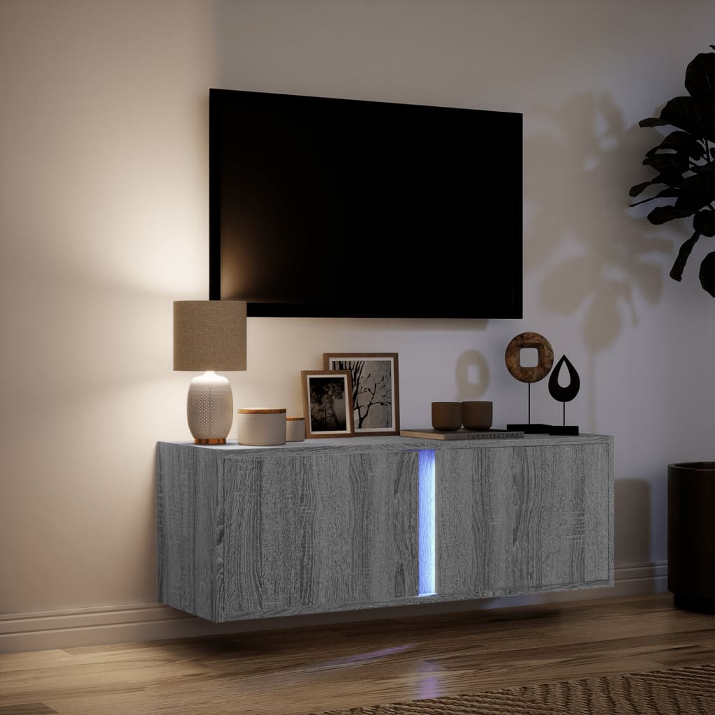 væghængt tv-bord med LED-lys 100x31x35 cm grå sonoma-eg