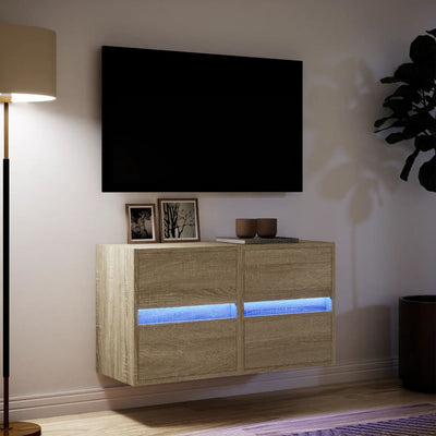 væghængte tv-borde 2 stk. med LED-lys 41x31x45 cm sonoma-eg