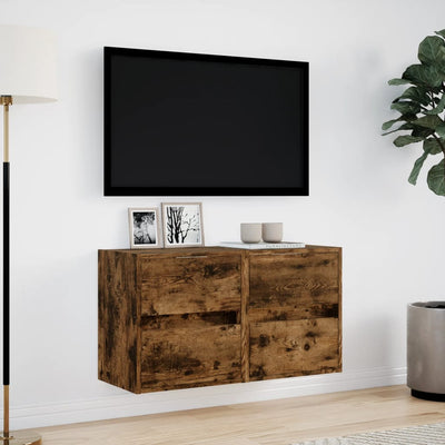 væghængte tv-borde 2 stk. med LED-lys 41x31x45 cm røget eg