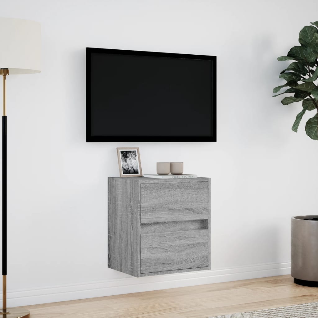 væghængt tv-bord m. LED-lys 41x31x45 cm grå sonoma-eg