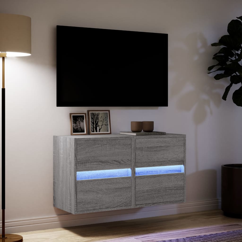 væghængte tv-borde 2 stk. med LED-lys 41x31x45 cm grå sonoma-eg