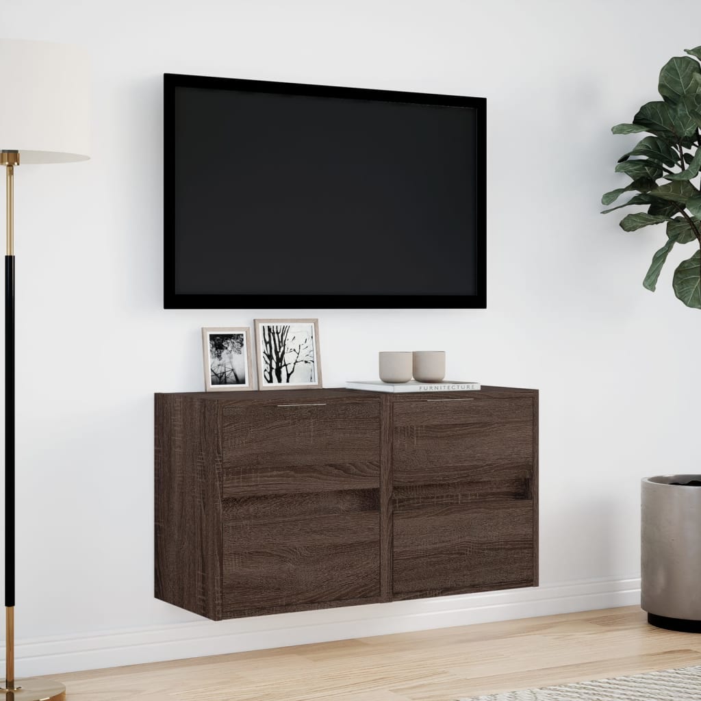 væghængte tv-borde 2 stk. med LED-lys 41x31x45 cm brunt eg