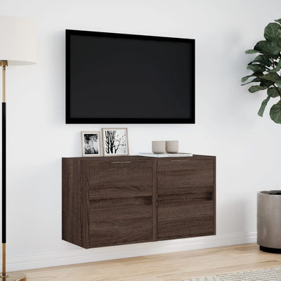 væghængte tv-borde 2 stk. med LED-lys 41x31x45 cm brunt eg