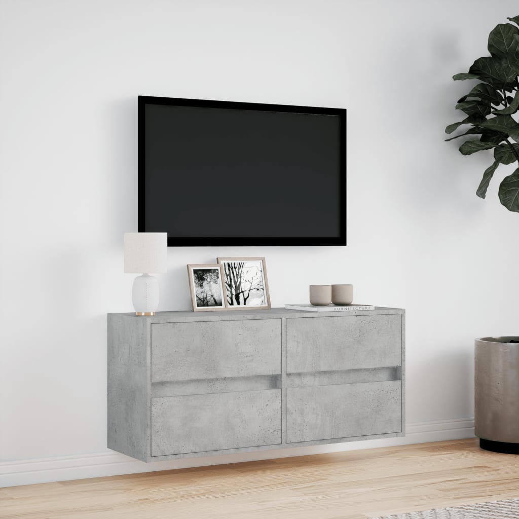 væghængt tv-bord med LED-lys 100x31x45 cm betongrå