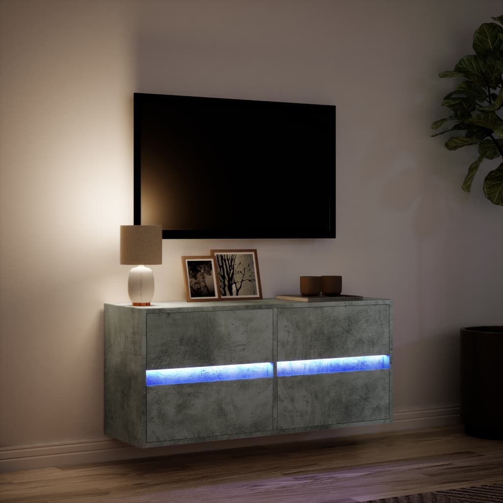 væghængt tv-bord med LED-lys 100x31x45 cm betongrå