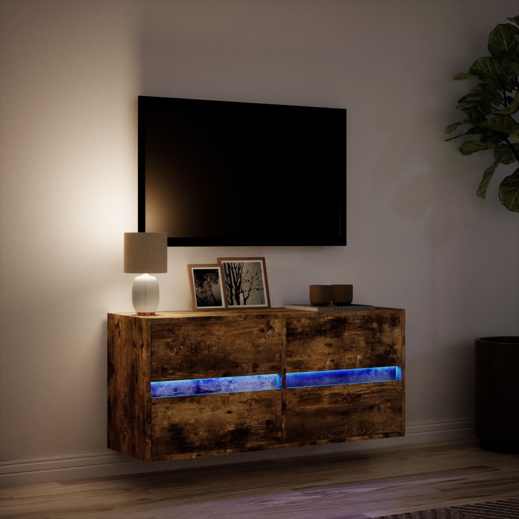 væghængt tv-bord med LED-lys 100x31x45 cm røget egetræsfarve