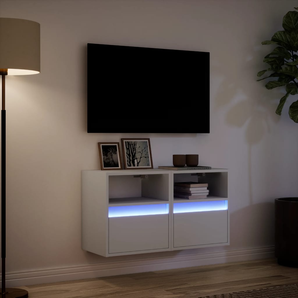 væghængte tv-borde 2 stk. med LED-lys 41x31x45 cm hvid