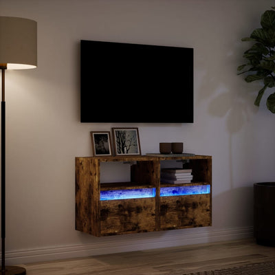 væghængte tv-borde 2 stk. med LED-lys 41x31x45 cm røget eg