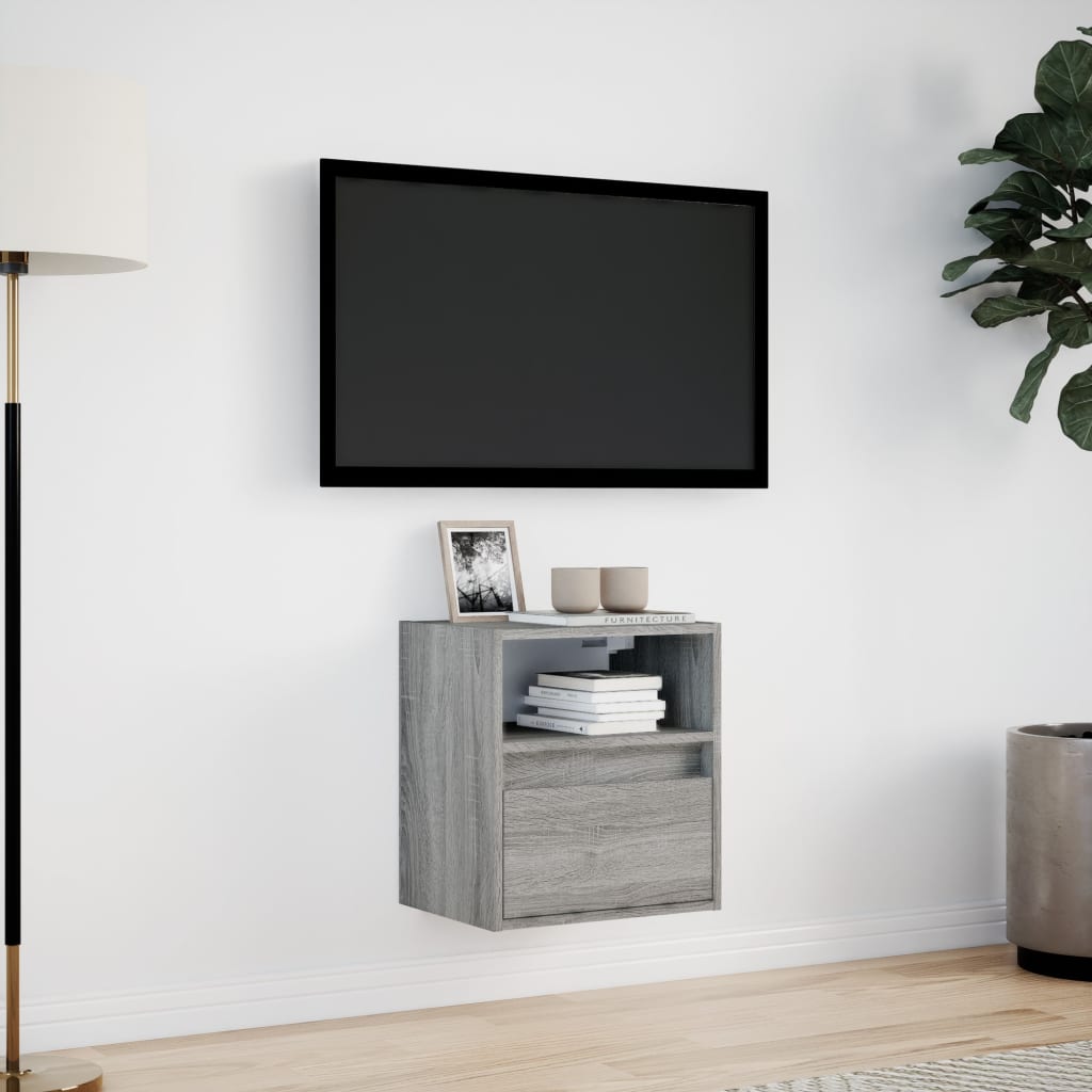 væghængt tv-bord m. LED-lys 41x31x45 cm grå sonoma-eg