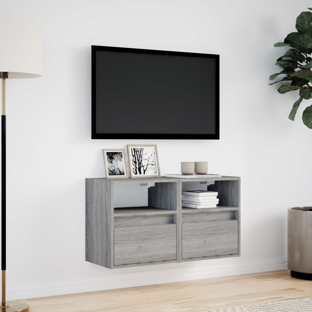 væghængte tv-borde 2 stk. med LED-lys 41x31x45 cm grå sonoma-eg