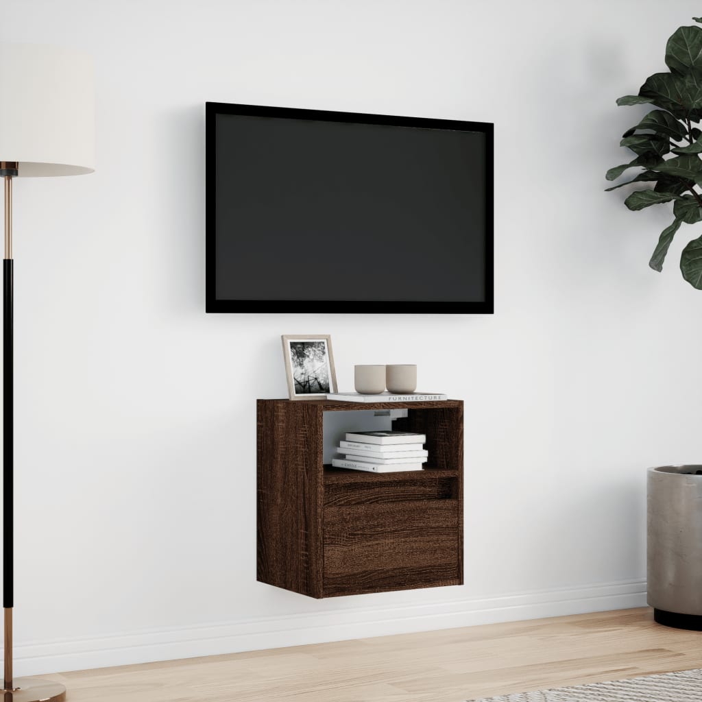 væghængt tv-bord med LED-lys 41x31x45 cm brun egetræsfarve