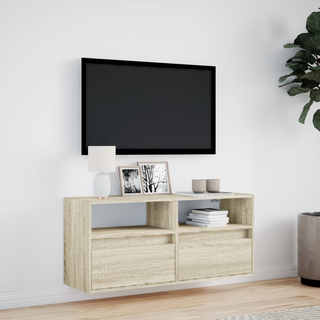 væghængt tv-bord med LED-lys 100x31x45 cm sonoma-eg