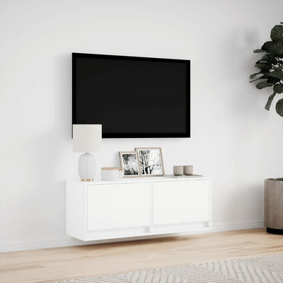 væghængt tv-bord med LED-lys 100x31x35 cm hvid