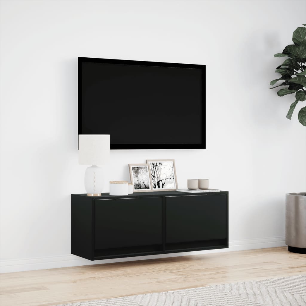 væghængt tv-bord med LED-lys 100x31x35 cm sort