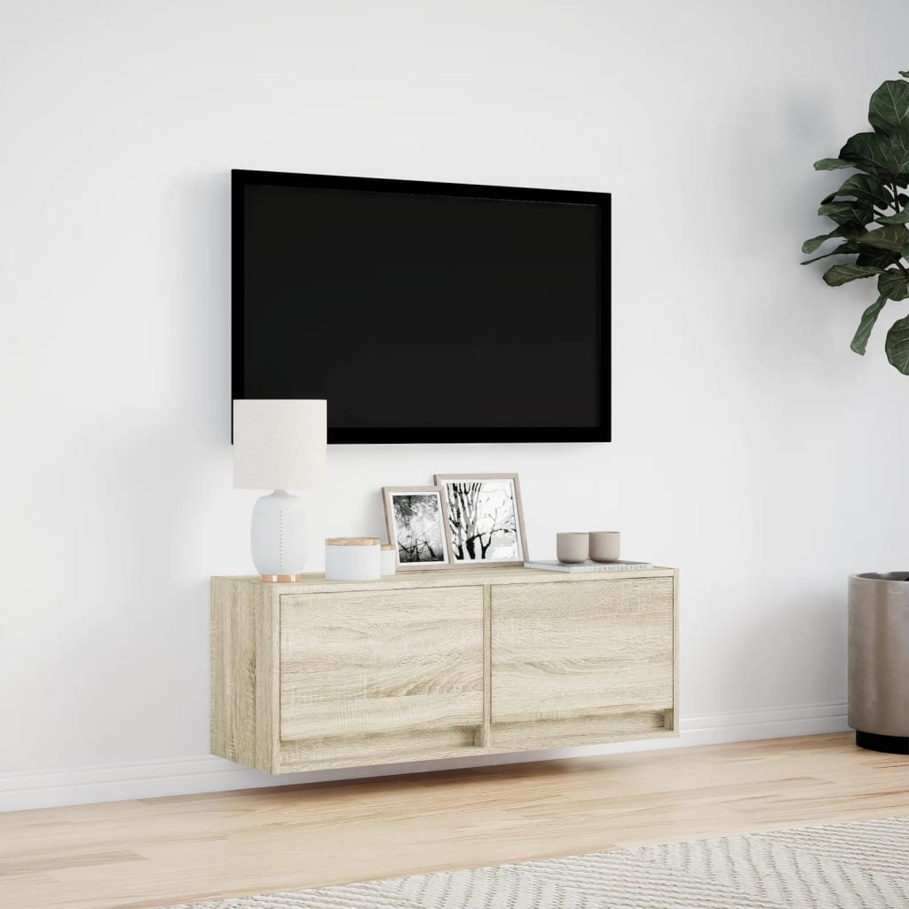 væghængt tv-bord med LED-lys 100x31x35 cm sonoma-eg