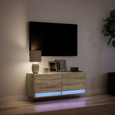 væghængt tv-bord med LED-lys 100x31x35 cm sonoma-eg