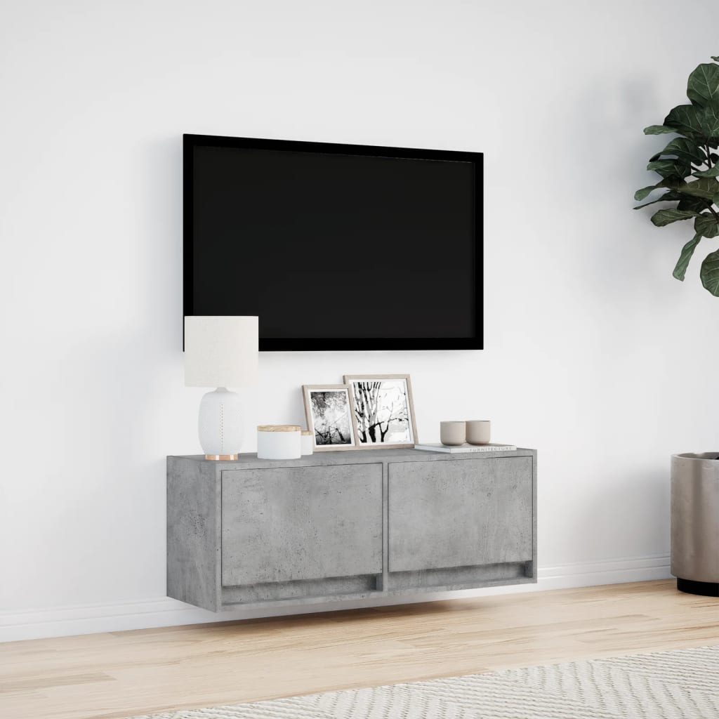 væghængt tv-bord med LED-lys 100x31x35 cm betongrå