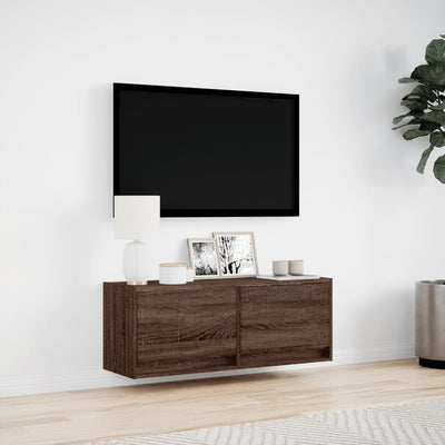 væghængt tv-bord med LED-lys 100x31x35 cm brun egetræsfarve