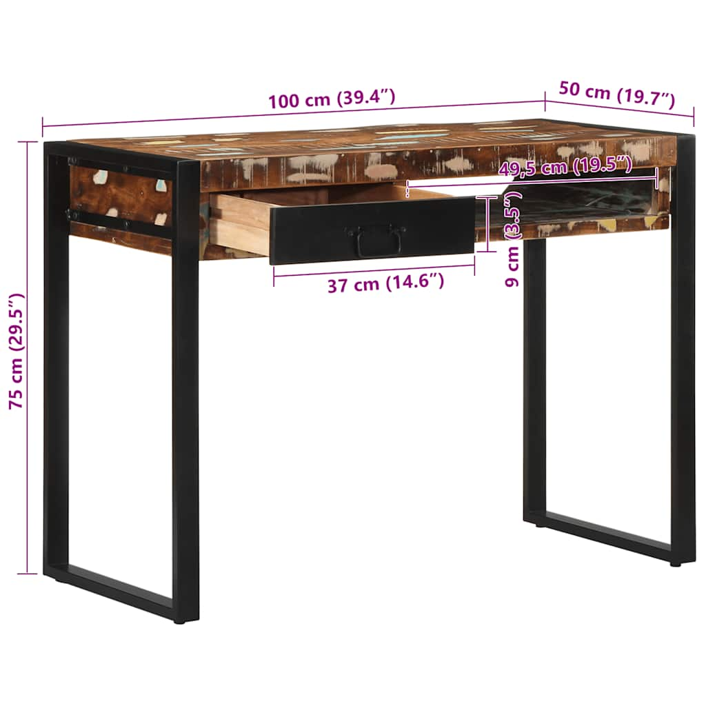 skrivebord 100x50x75 cm massivt genbrugstræ flerfarvet