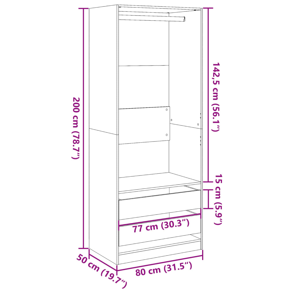 klædeskab 80x50x200 cm konstrueret træ hvid