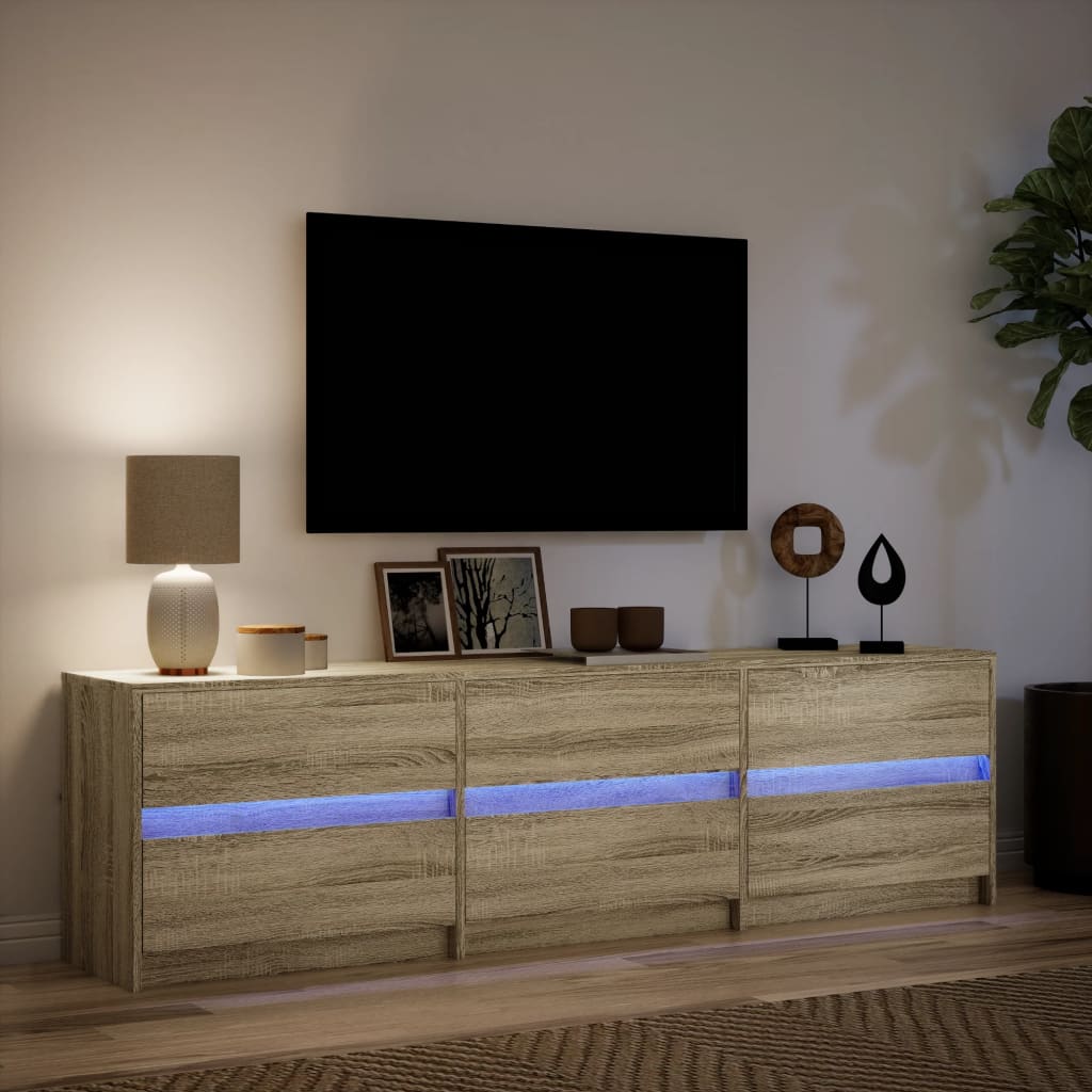 tv-bord med LED-lys 180x34x50 cm konstrueret træ sonoma-eg