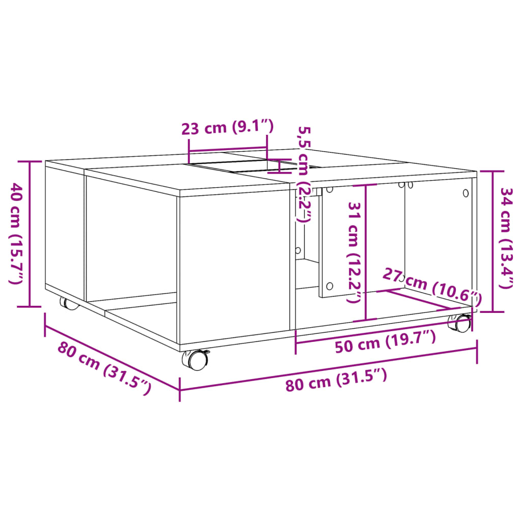 sofabord 80x80x40 cm konstrueret træ sonoma egetræsfarve