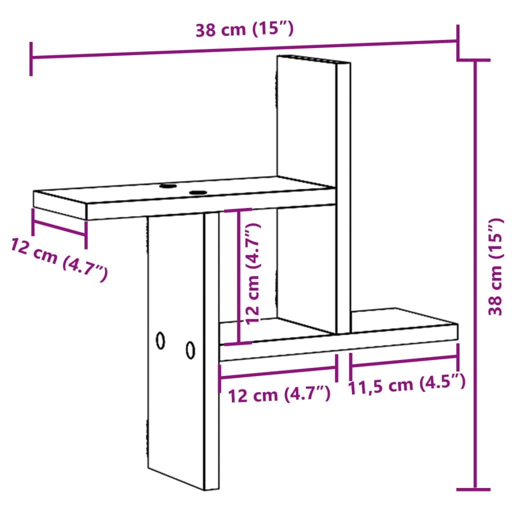 væghylder 2 stk. 38x12x38 cm konstrueret træ gammelt træ-look