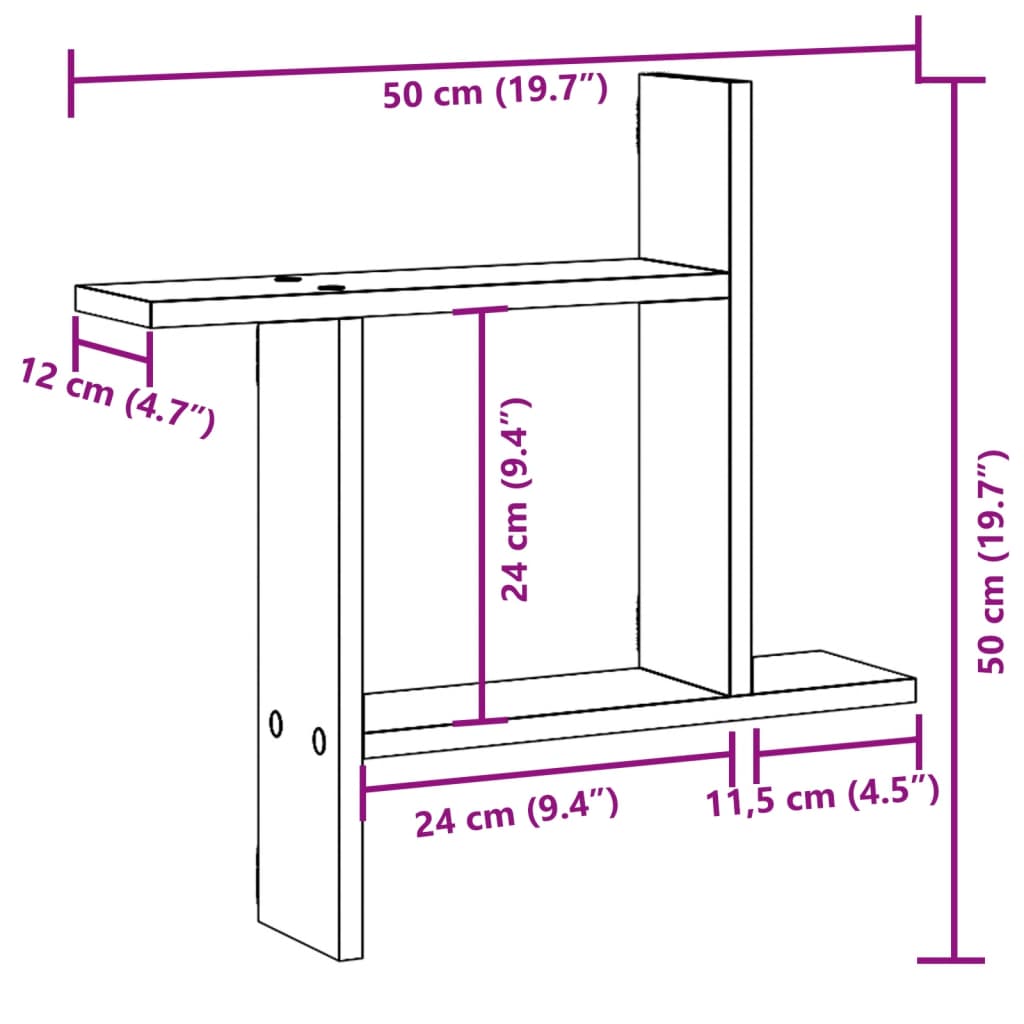 væghylder 2 stk. 50x12x50 cm konstrueret træ brun egetræsfarve