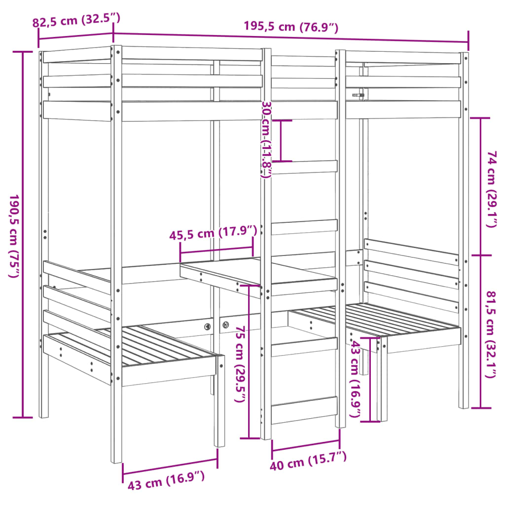 højseng med skrivebord og stole 75x190 cm massivt fyrretræ