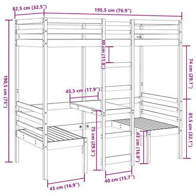 højseng med skrivebord og stole 75x190 cm massivt fyrretræ hvid