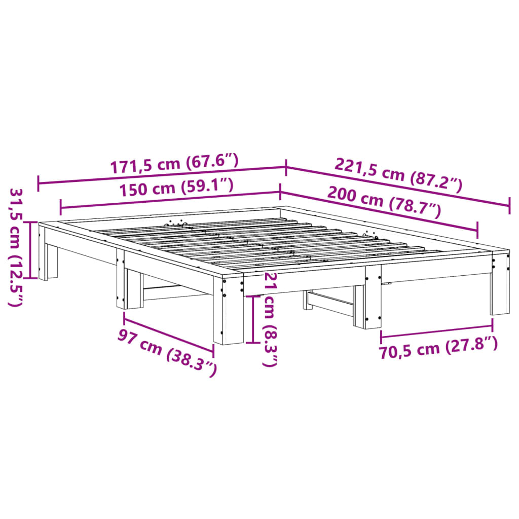 sengeramme uden madras 150x200 cm massivt fyrretræ