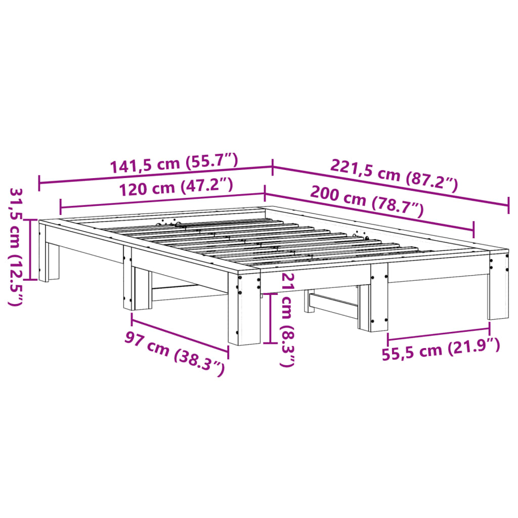 sengeramme uden madras 120x200 cm massivt fyrretræ