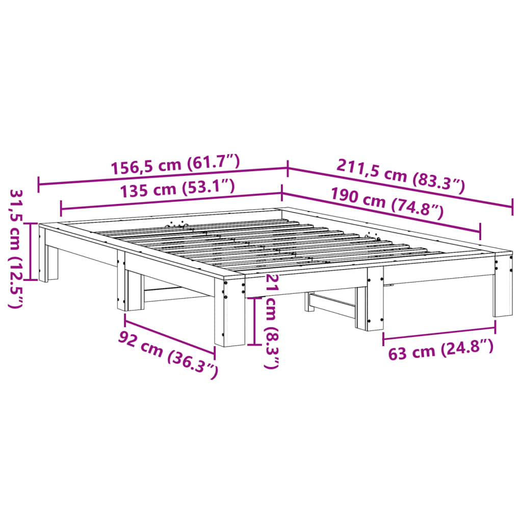 sengeramme uden madras 135x190 cm massivt fyrretræ brun