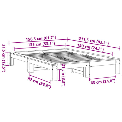 sengeramme uden madras 135x190 cm massivt fyrretræ brun