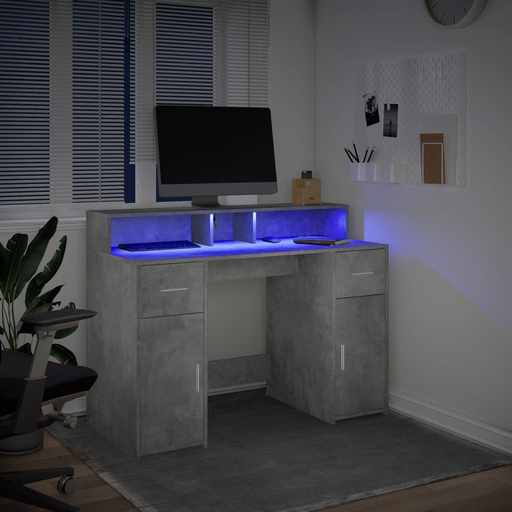 skrivebord med LED-lys 120x55x91 cm konstrueret træ betongrå