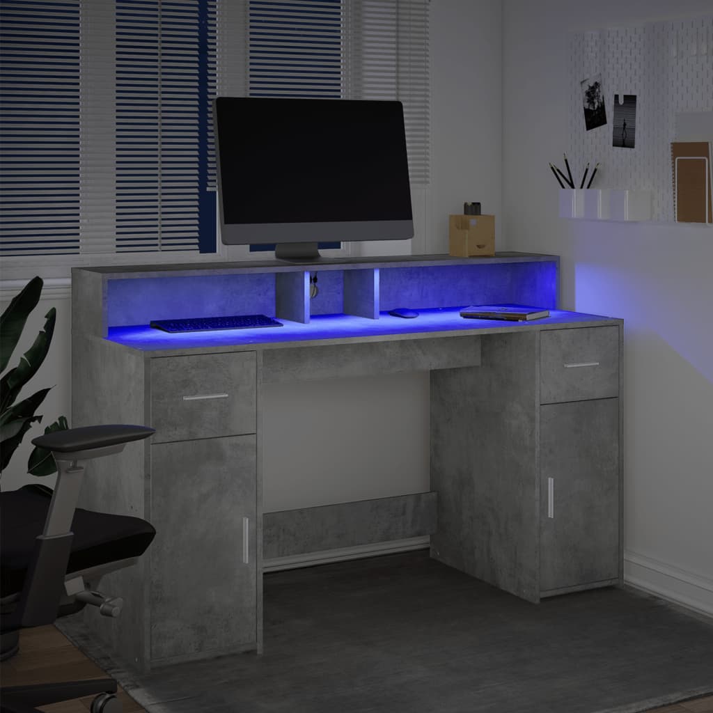 skrivebord med LED-lys 140x55x91 cm konstrueret træ betongrå