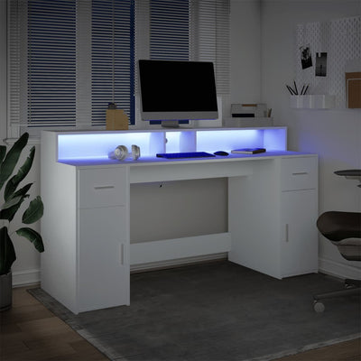 skrivebord med LED-lys 160x55x91 cm konstrueret træ hvid