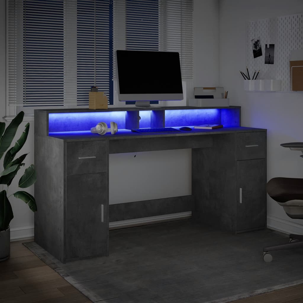 skrivebord med LED-lys 160x55x91 cm konstrueret træ betongrå