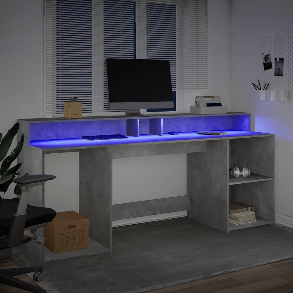 skrivebord med LED-lys 200x55x91 cm konstrueret træ betongrå