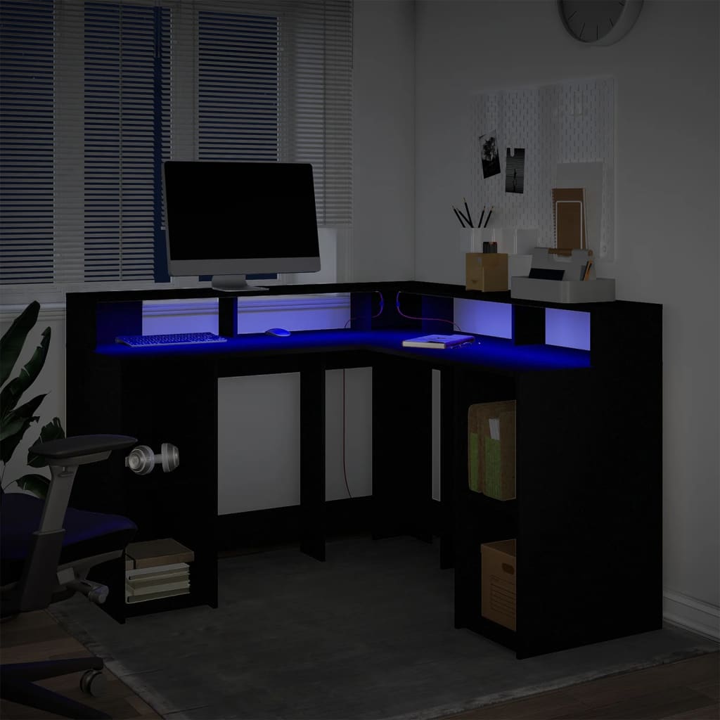 skrivebord med LED-lys 130x130x91 cm konstrueret træ sort