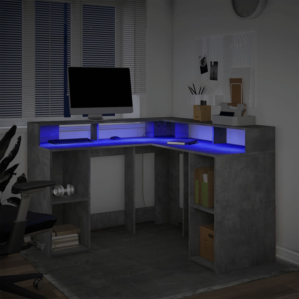 skrivebord med LED-lys 130x130x91 cm konstrueret træ betongrå