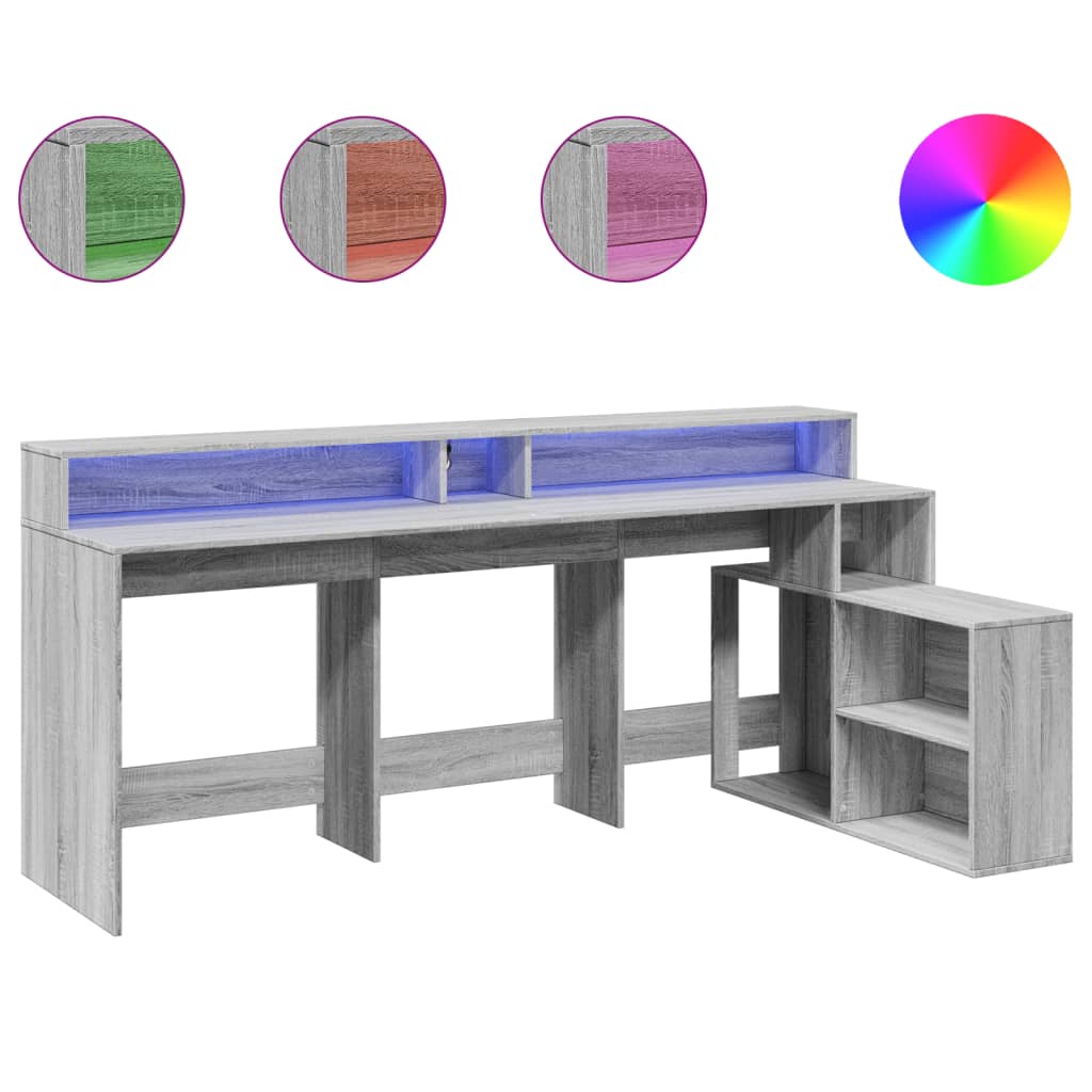 skrivebord m. LED-lys 200x104x91 cm konstrueret træ grå sonoma