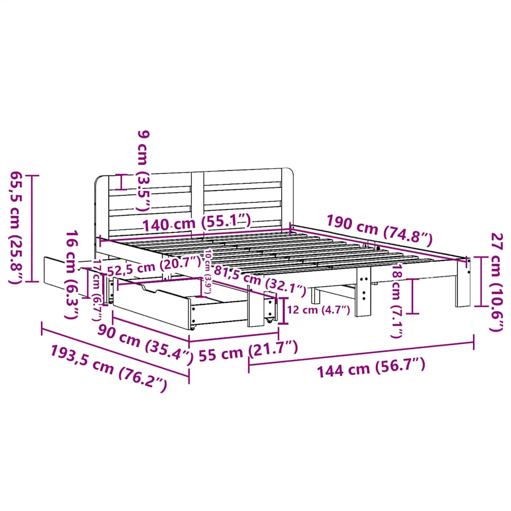 sengeramme uden madras 140x190 cm massivt fyrretræ gyldenbrun